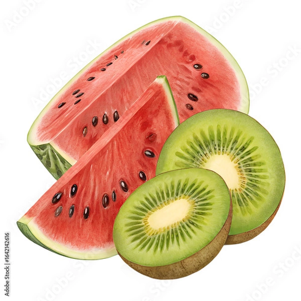 Obraz Fresh Watermelon & Kiwi Slices – Tropical Summer Fruits, Healthy Snack


