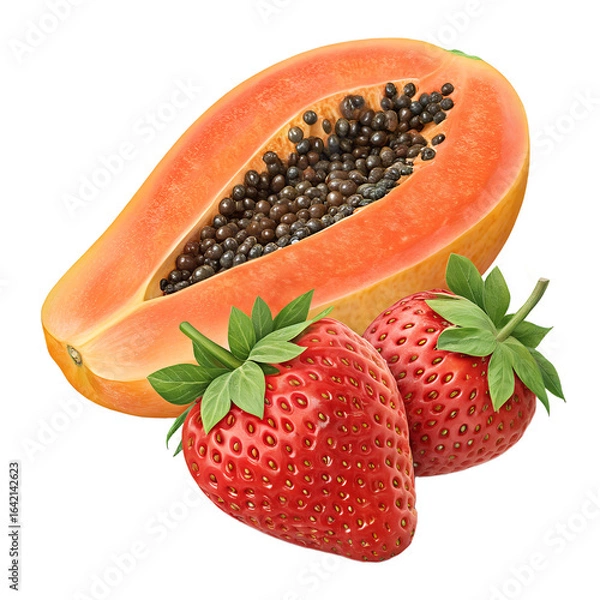 Obraz Fresh Papaya with Seeds and Ripe Strawberries Isolated on White Background – Tropical Fruit and Healthy Food Concept
