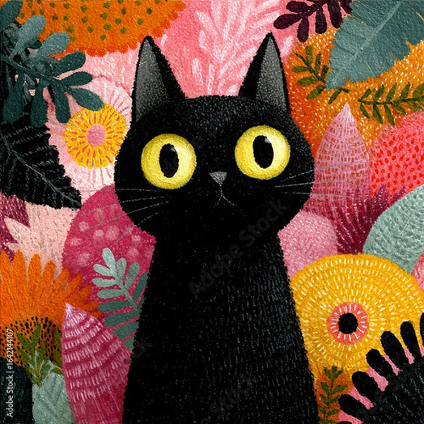 Obraz black cat with flowers