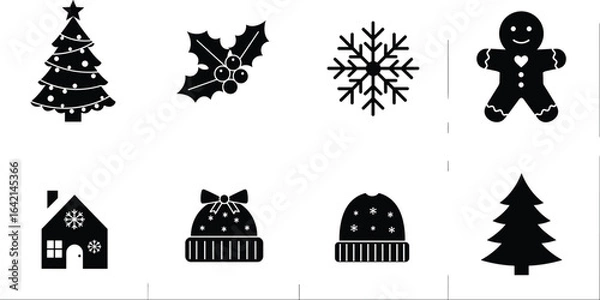 Fototapeta PrintChristmas vector icon set, holiday illustrations, winter elements clipart, snowflake, gingerbread man, Christmas hat, holly, festive home, tree