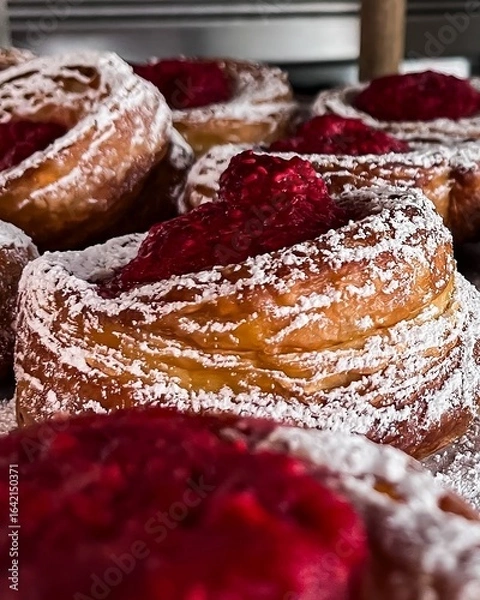 Fototapeta Raspberry danish pastry with powdered sugar