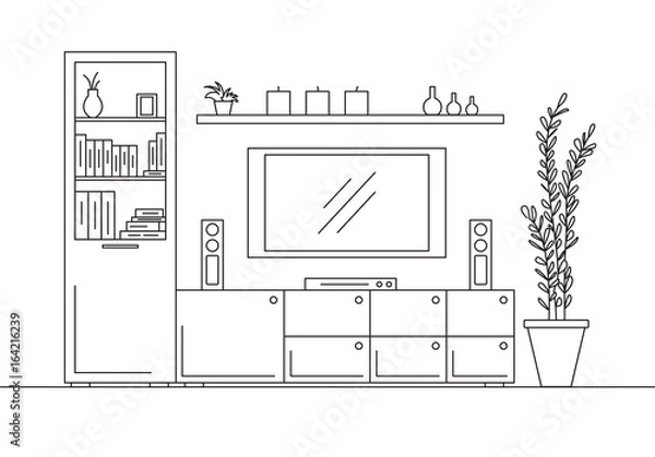 Fototapeta Linear sketch of the interior. Bookcase, dresser with TV and shelves. Linear sketch of the interior in a modern style.