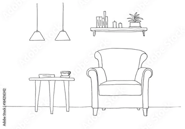 Fototapeta Chair, table with mug. Two low-suspended lamps above the table. Shelf with books and plants. Hand drawn vector illustration of a sketch style