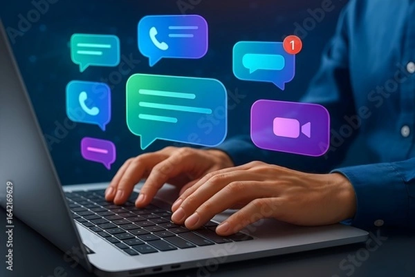 Fototapeta Businessman messaging team with using laptop computer. Collaboration platform. Employee communication and knowledge sharing on discussion forums in internal social network.