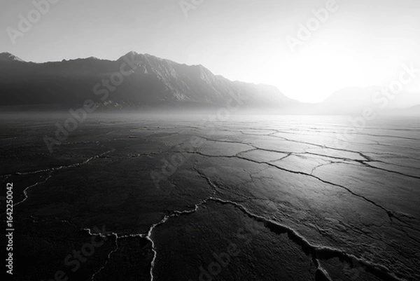 Obraz Black and white shot of a cracked earth surface with mountains in the background under a bright sky.