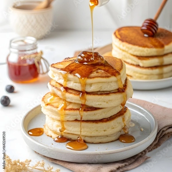 Obraz Delicious stack of golden pancakes drizzled with sweet honey