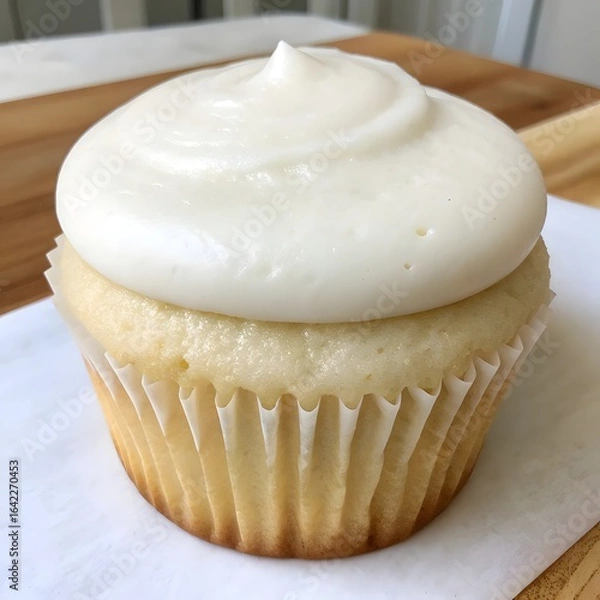Obraz Delicious vanilla cupcake with creamy white frosting close up