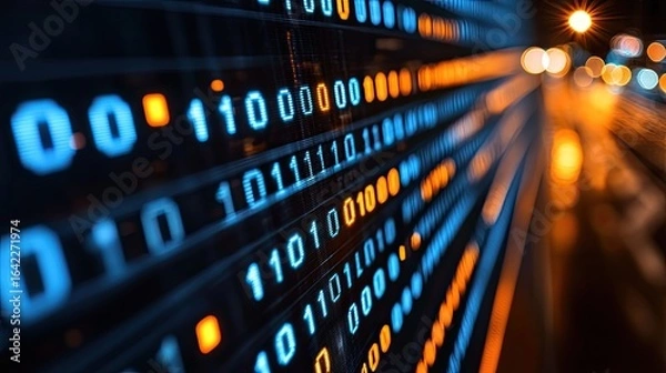 Obraz Futuristic digital display with binary code streams and blurred city lights