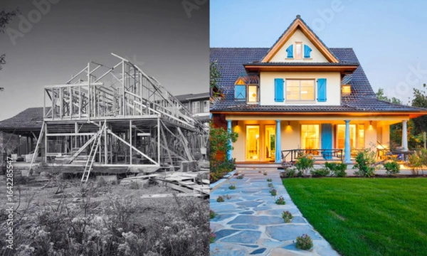 Fototapeta Construction site showcasing a black and white wooden house frame on the left and a new finished house with a landscaped yard on the right, illustrating the transformation of residential architecture