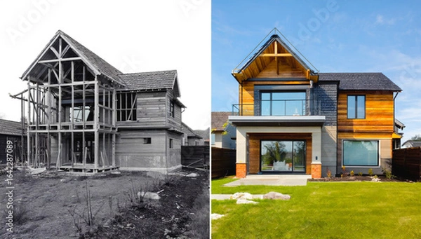 Fototapeta A construction site showing a black and white timber frame house on the left and a new finished house with a landscaped yard on the right, illustrating the transformation of residential architecture.