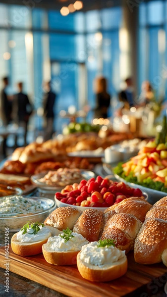 Fototapeta A buffet of bagels, fresh berries, salad, and pastries is arranged in front of a group gathering. Healthy and satisfying meal.