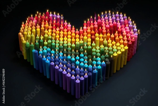 Fototapeta Colorful heart shape created with candles arranged in a rainbow pattern on a dark background