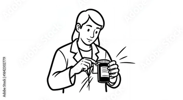 Obraz Black and White Line Drawing of Person Opening a Bottle in Lab Coat with White Background