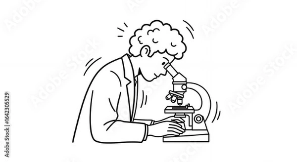Obraz Line Drawing of a Scientist in Lab Coat Using Microscope Against White Backdrop Scientific Observation Illustration Research in Black and White