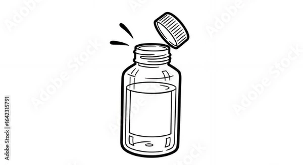 Obraz Black and White Line Art of a Clear Glass Bottle with Liquid and Detached Ribbed Cap Floating Above in a Simple Drawing Style
