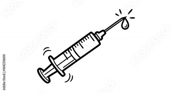 Obraz Black and White Line Art of a Syringe with a Needle and Hanging Drop in Simple Style Medical Health Illustration
