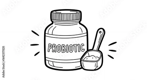 Obraz Black and White Line Art of Probiotic Supplement Bottle with Scoop on Plain White Background