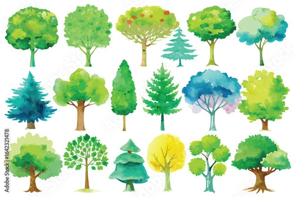 Obraz Watercolor trees collection illustrating diverse tree species with vibrant green and yellow foliage on white