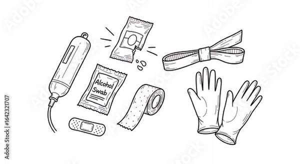 Obraz Black and White Line Drawing of Medical Supplies Organized on White Background Including Bandages Gloves and Syringe
