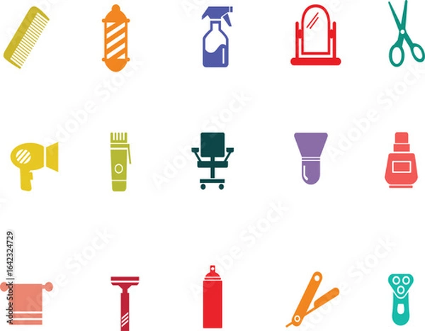 Obraz Set ikon barber shop dengan alat cukur, sisir, gunting, dan aksesori rambut. Cocok untuk desain branding salon, poster, dan ilustrasi vektor