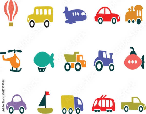 Obraz Bright and colorful cartoon vehicle collection including cars, buses, bikes, ships, and planes. Perfect for kids’ designs, educational projects, posters, and vector illustrations