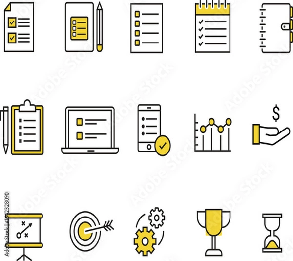Obraz Business and planning icon set featuring checklist, notebook, charts, target, and trophy. Perfect for project management, goal tracking, corporate strategy, and success visualization