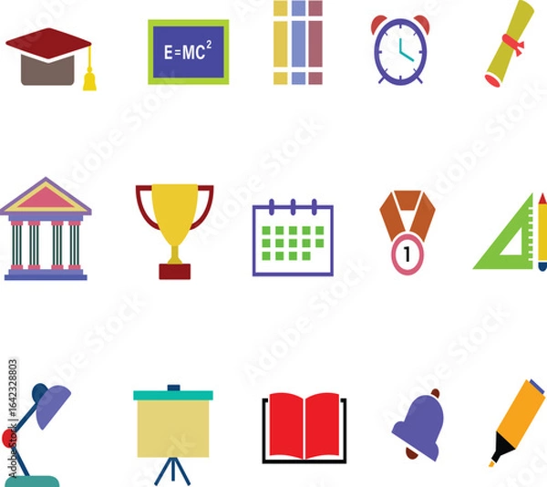 Obraz High-quality university-themed vector illustration set featuring academic symbols such as graduation caps, diplomas, textbooks, and university buildings. Perfect for educational projects, e-learning 