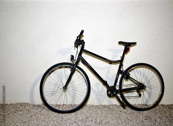 Obraz Vintage-style bicycle parked outside a house on gravel ground, with clear copy space on the side. The warm and soft lighting enhances the rustic charm of the scene.