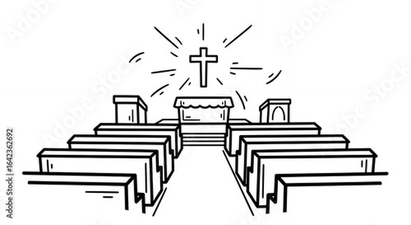 Obraz Symmetrical Black and White Illustration of a Church Interior with Rows of Pews Leading to an Altar Topped with a Cross Emanating Rays of Light in Simple Graphic Style