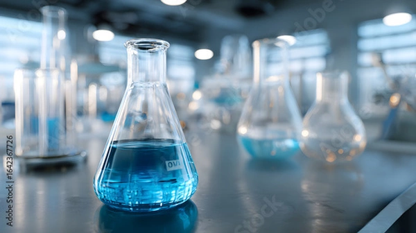 Fototapeta Laboratory science equipment with a conical flask containing blue liquid in a modern science laboratory setting