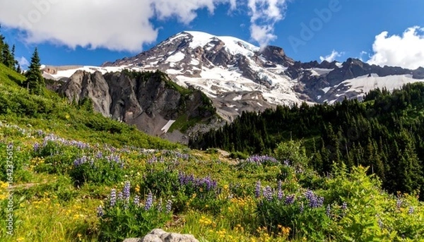 Fototapeta Mountain meadow and snow capped peak