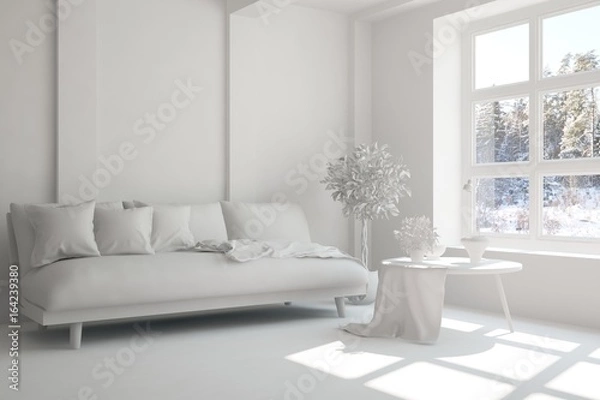 Fototapeta Idea of white minimalist room with sofa. Scandinavian interior design. 3D illustration
