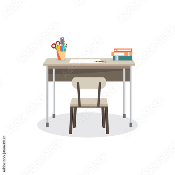 Obraz School desk with a chair. On the table are the school supplies. 