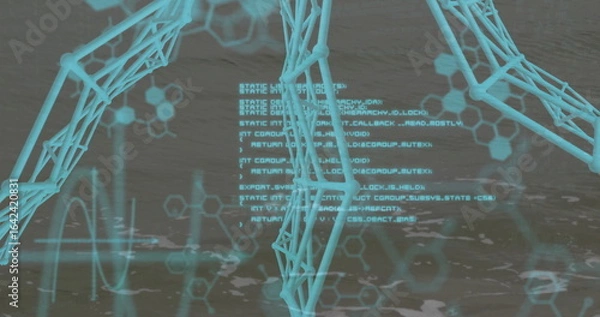 Obraz Turquoise wireframe legs emerging in water, with code text, hexagon diagrams, waveform graph