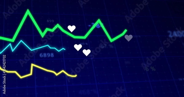 Fototapeta Displaying green line rising on dashboard, with white and gray heart icons and numeric labels