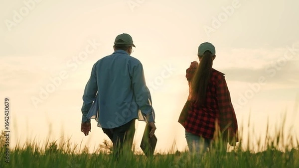 Fototapeta professional farmer green wheat field sunset, cooperation corporate successful man, farm owner explain work concept employee, conclude contract, harvesting farming, handshake trust, agriculture worker