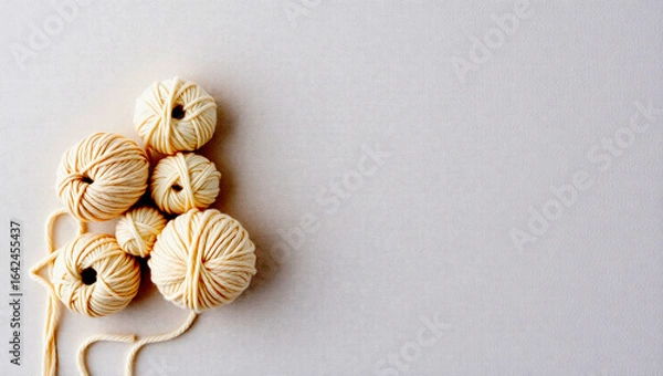 Obraz High-Resolution Top View of White and Beige Yarn on Linen Background – Minimalist Corner Composition with Soft Lighting and Empty Space