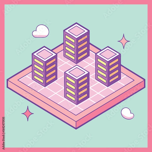 Obraz  Aether grid colourful isometric scene of a floating.