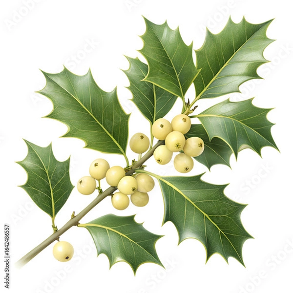 Fototapeta A collection of green leaves, ripe white barries, and acorns on a branch