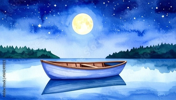 Fototapeta Serene night scene featuring a solitary boat gently floating on calm water under a luminous full moon casting a beautiful reflection on the tranquil ocean surface.