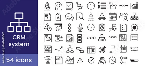 Fototapeta CRM and business process workflow management icon set for project strategy, showing system and flowchart symbols for customer relationship and task planning.

