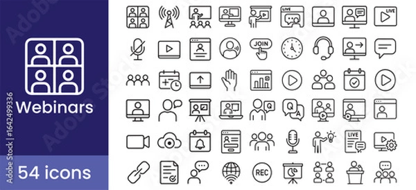 Fototapeta Webinar and online meeting icon set for live video conference, stream, presentation, communication, and education

