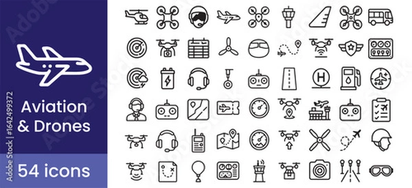 Fototapeta Aviation and drone icon set showing airplane and flight technology, with pilot, airport, navigation, and control symbols.

