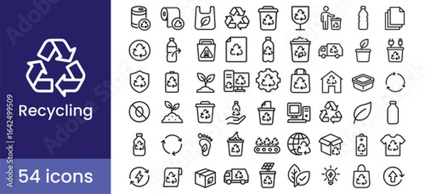 Fototapeta Recycling and eco icon set for a green environment and waste management, with line vector symbols.

