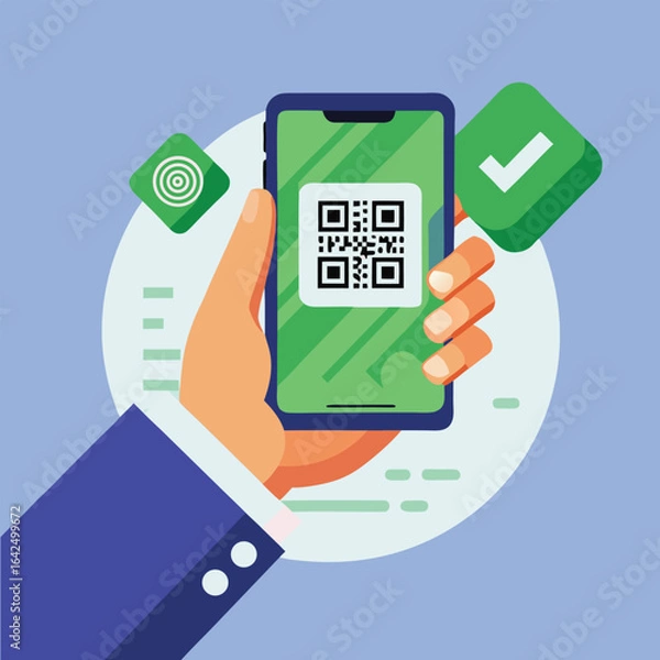 Obraz Hand Holding Smartphone with QR Code for Scan – Flat Vector Illustration