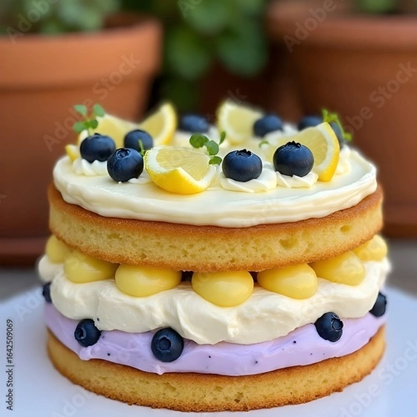 Obraz sponge cake with spread of fluffy white cream and pastel purple cream, dotted with fresh blueberries and swirls of glossy lemon curd