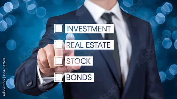 Obraz Man choosing investment options like stocks and bonds for financial growth