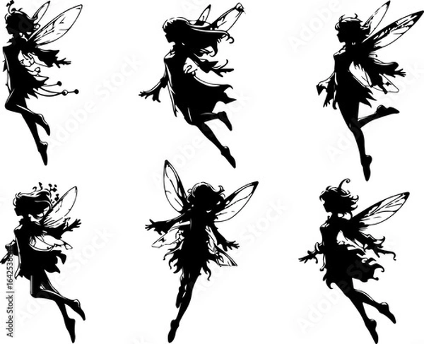 Fototapeta vector sketch illustration silhouette design image of a beautiful fairy fantasy character flying with wings