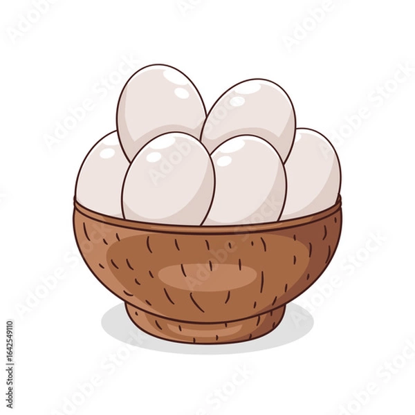Fototapeta Boiled chicken egg. Chicken egg placed on a wooden bowl designed in flat cartoon style, isolated on a white background. Vector Illustration.