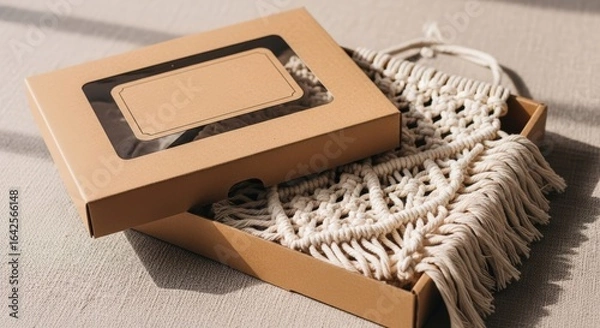 Fototapeta Handcrafted macrame wall hanging in a natural box showcasing boho decor style for home interiors